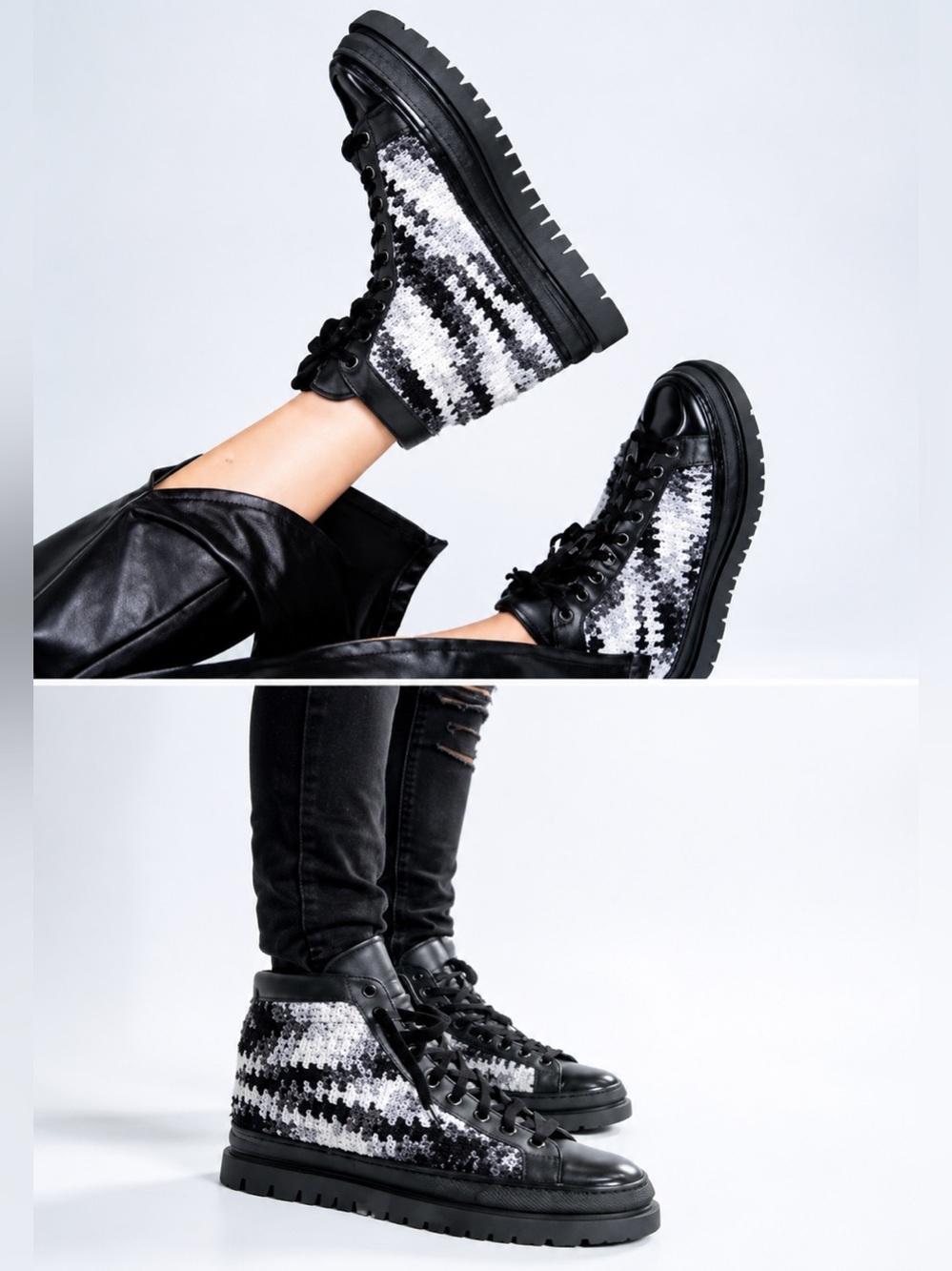 Krojay Crochet Black & White Onyx Combat Platform Boot NWOB